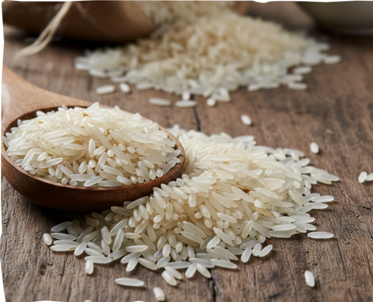 A close-up of uncooked white rice grains spilling from a wooden spoon onto a rustic wooden surface.