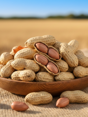 Close-up of raw peanut kernels placed in a wooden spoon, surrounded by whole peanuts in shells.