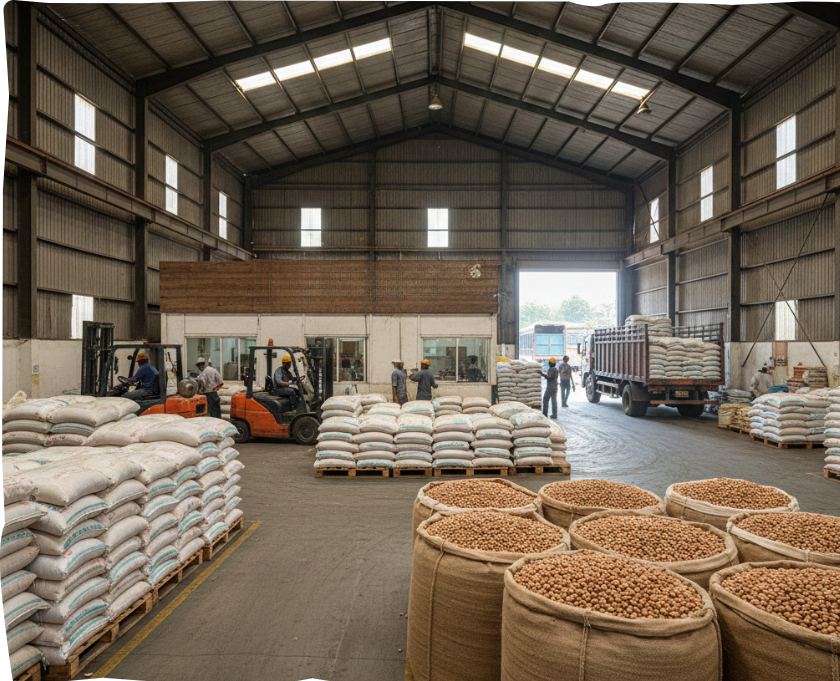 A large warehouse interior with stacks of grain sacks and workers using forklifts to move goods.
