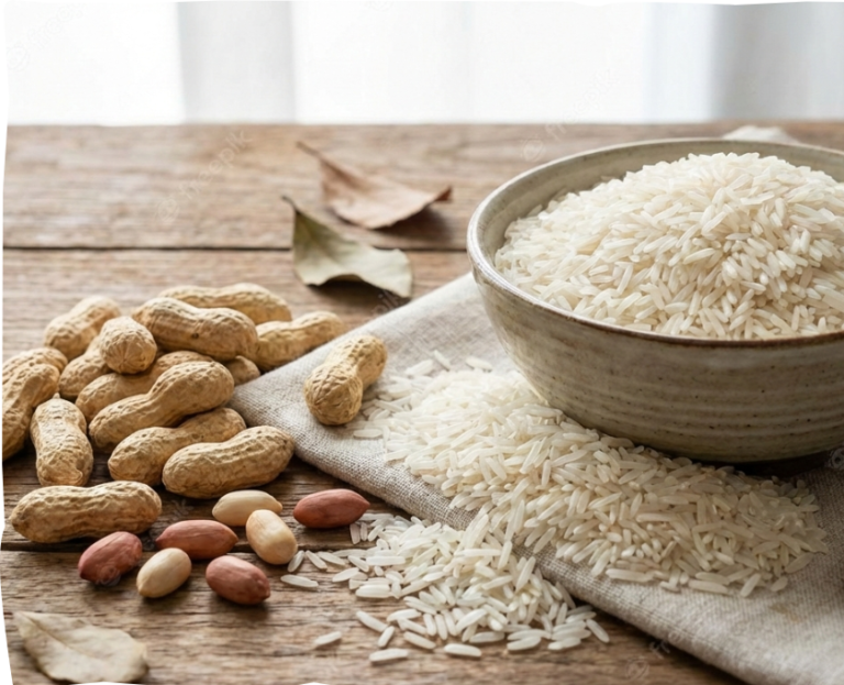 A bowl of white rice beside scattered rice grains and raw peanuts on a rustic wooden surface.