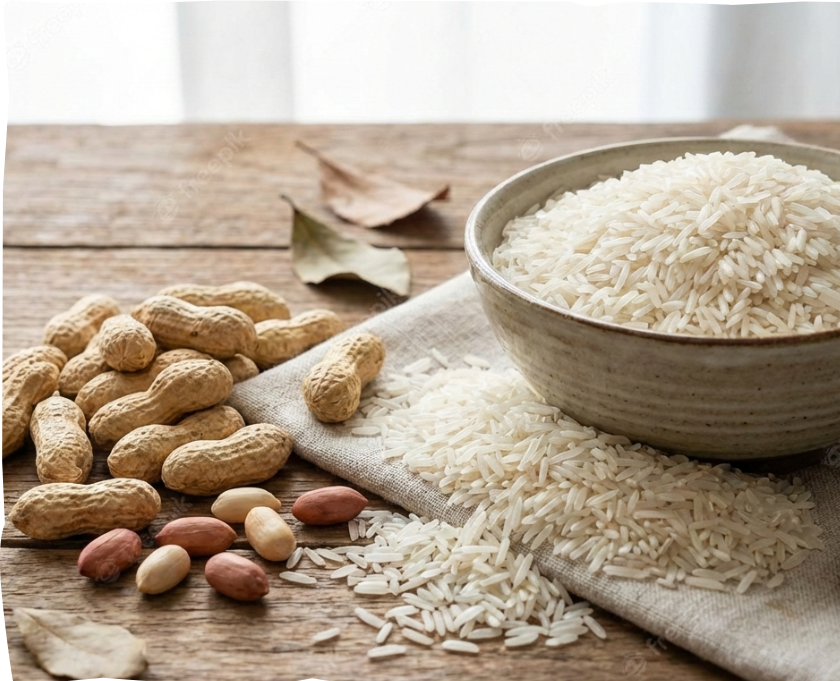 A bowl of white rice beside scattered rice grains and raw peanuts on a rustic wooden surface.