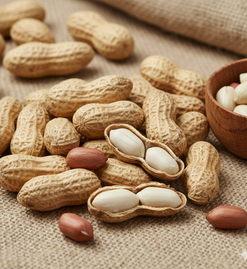 Raw peanuts in shells with a few shelled peanut kernels displayed on a jute fabric background.
