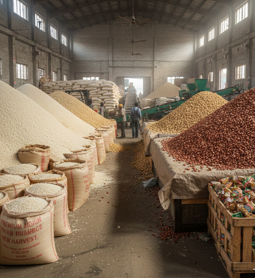Large agricultural warehouse with sacks of rice and piles of peanuts stored in bulk for processing and trade.