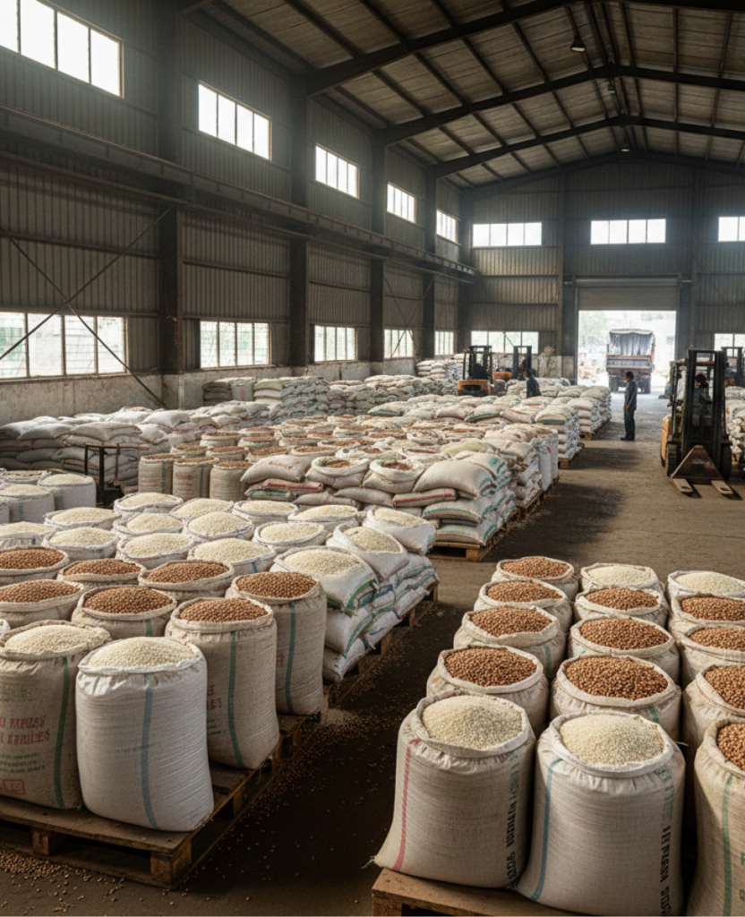 Large warehouse interior filled with stacked sacks of rice and peanuts, with forklifts and workers managing storage operations.