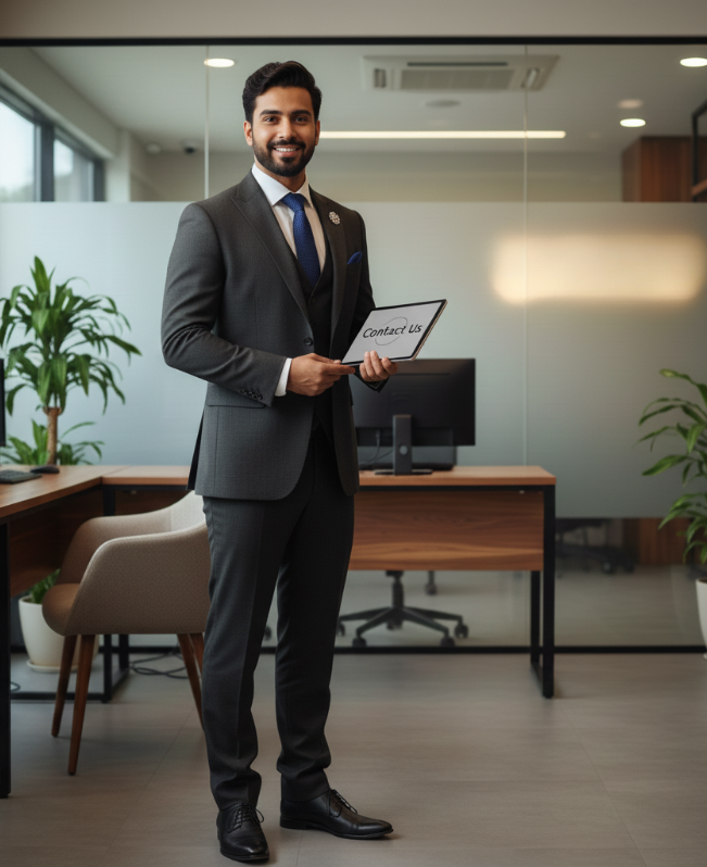 Professional businessman in a modern office holding a tablet displaying “Contact Us,” with contact details visible in the background.