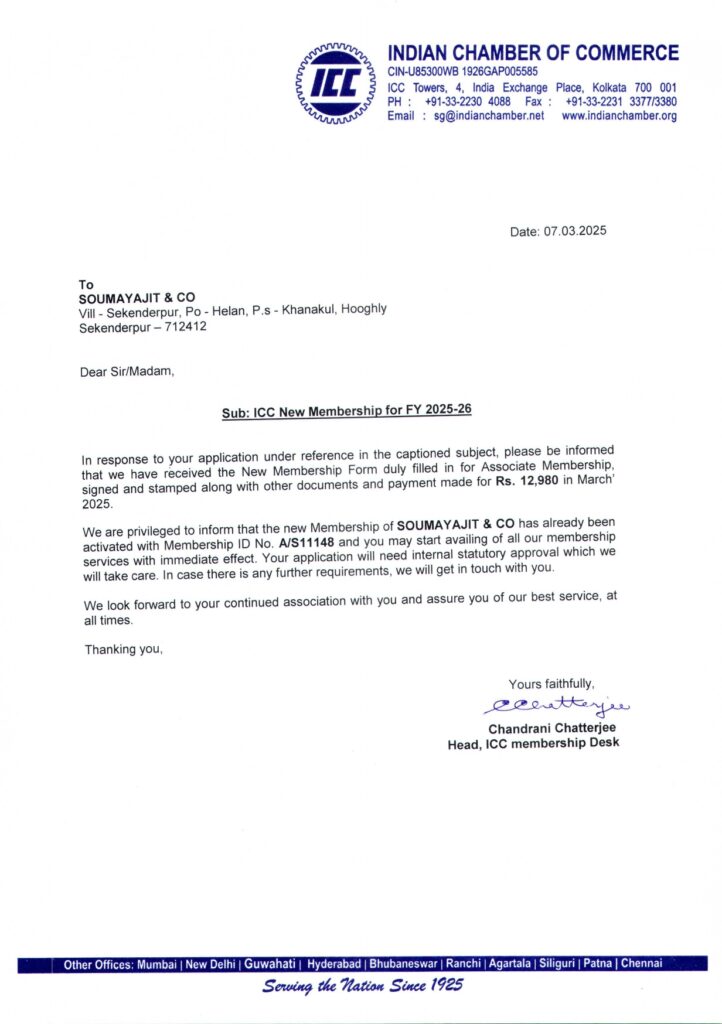 ICC membership certificate of Soumayajit & Co rice and peanut export company India