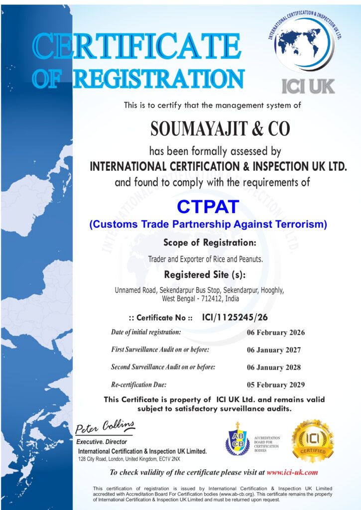 Certificate of Registration issued to Soumayajit & Co for CTPAT compliance by International Certification & Inspection UK Ltd, dated 06 February 2026.