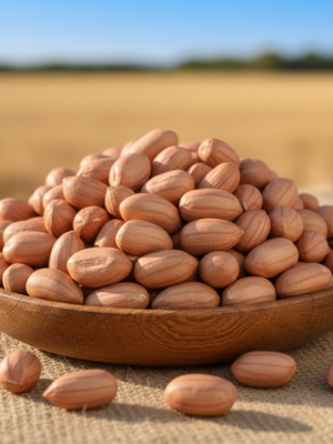 A wooden bowl filled with shelled peanuts sits on burlap fabric with a blurred field in the background.